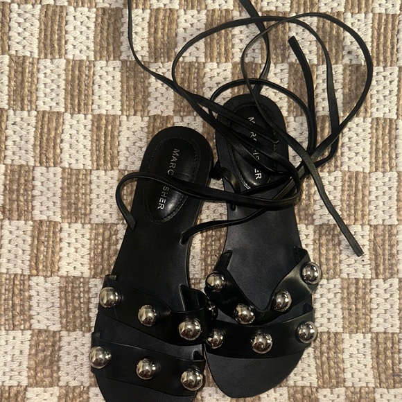 Marc Fisher Black Leather Sandals with Metallic Accents - Picture 4 of 10